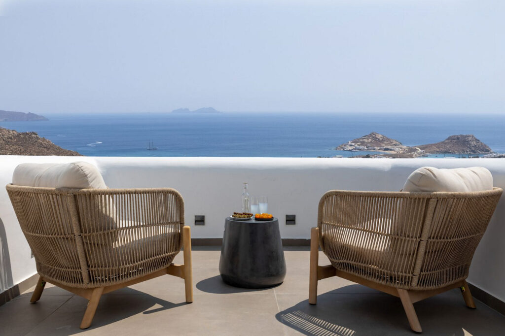 Beautiful sea view from a terrace in Mykonos lavish villa for rent.