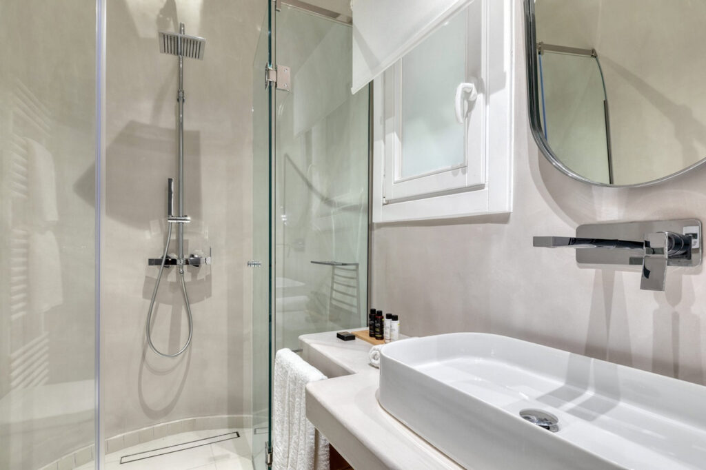 Modern bathroom in Mykonos finest villa for rent.