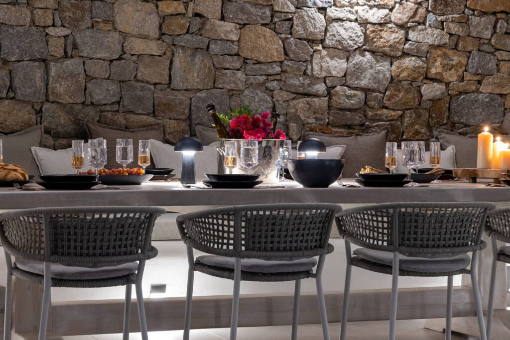 Luxurious dining table in Mykonos lavish villa for rent.
