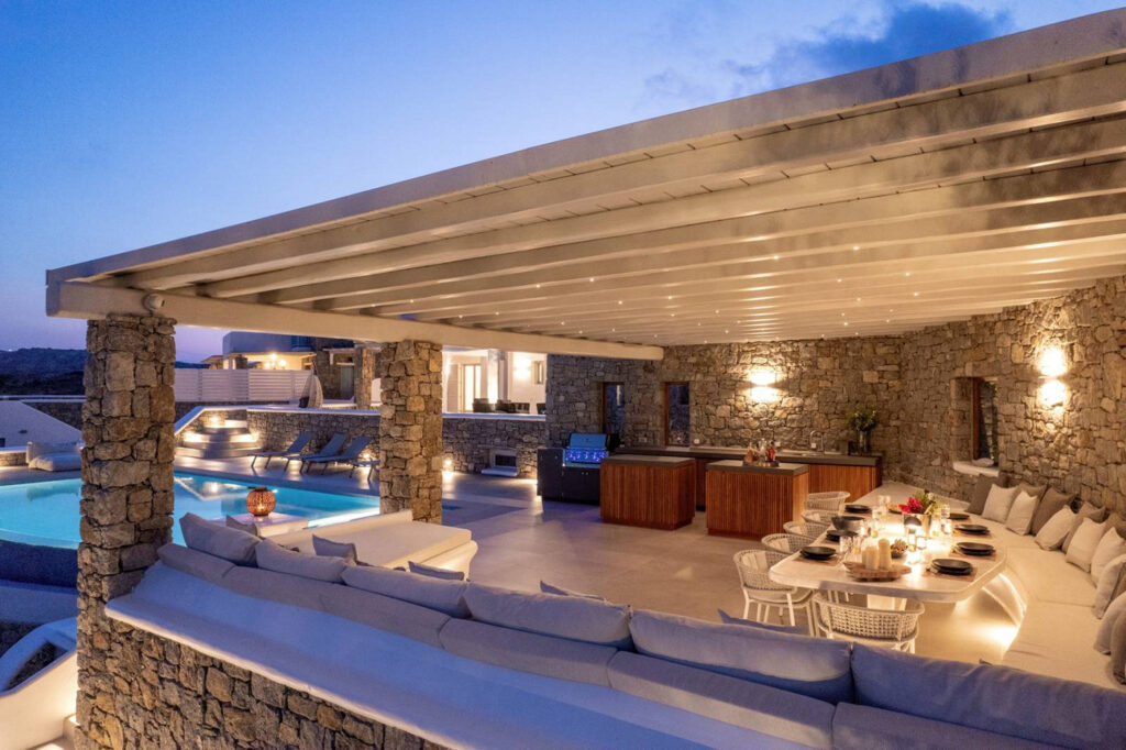 Gathering area in Mykonos lavish villa for rent.