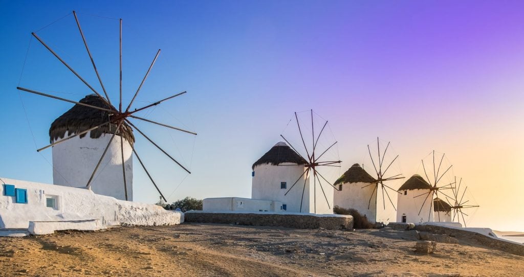 View of the windmills from one of the Greek villas in Mykonos