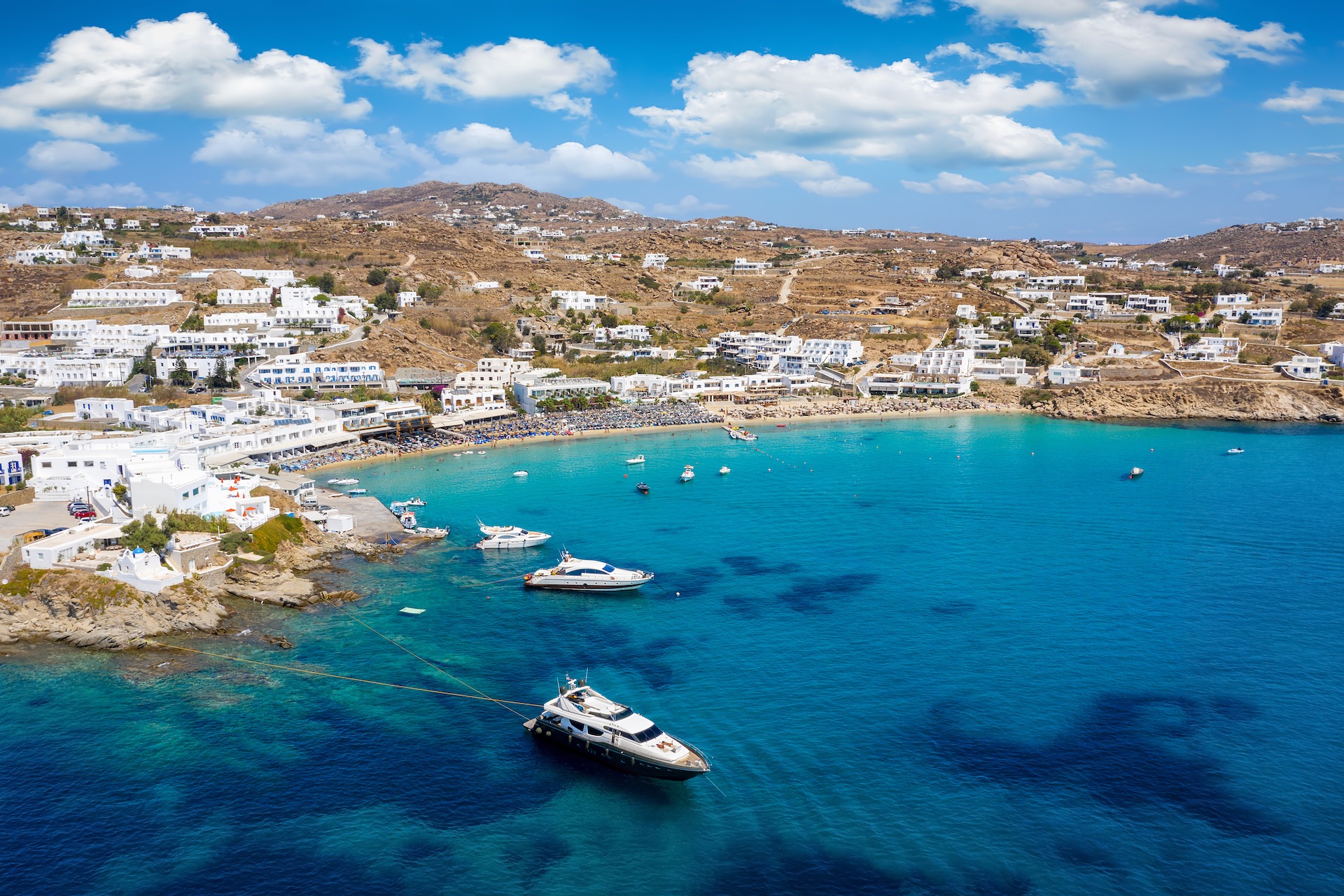 View of the crowded beach in Mykonos 