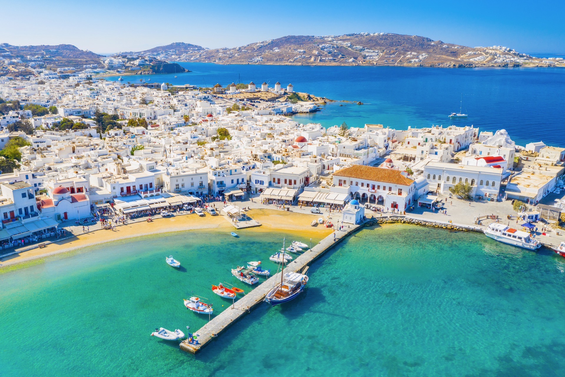 View of the old port in Mykonos town from the air 