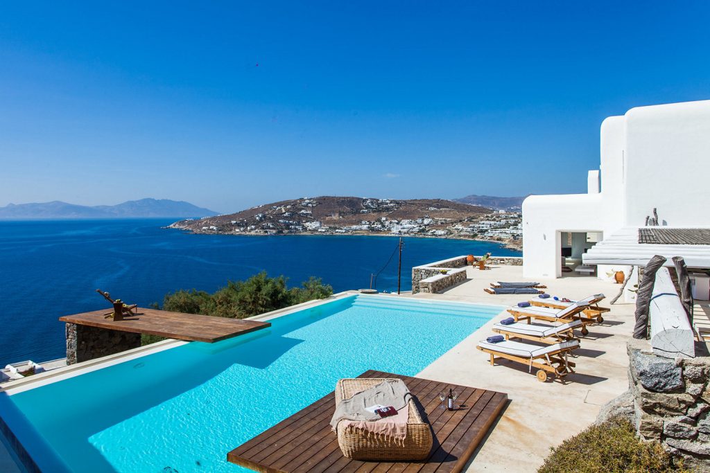 View of the swimming pool near villa in Mykonos