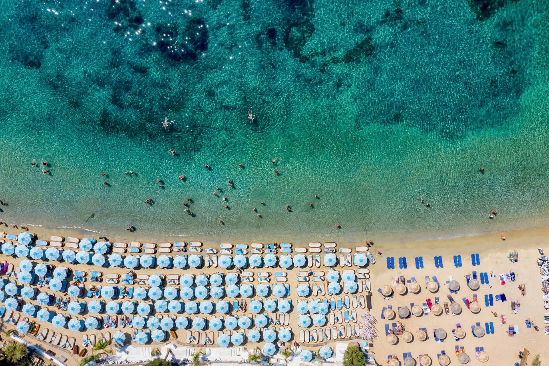 A view of the beach in Mykonos from the sky
