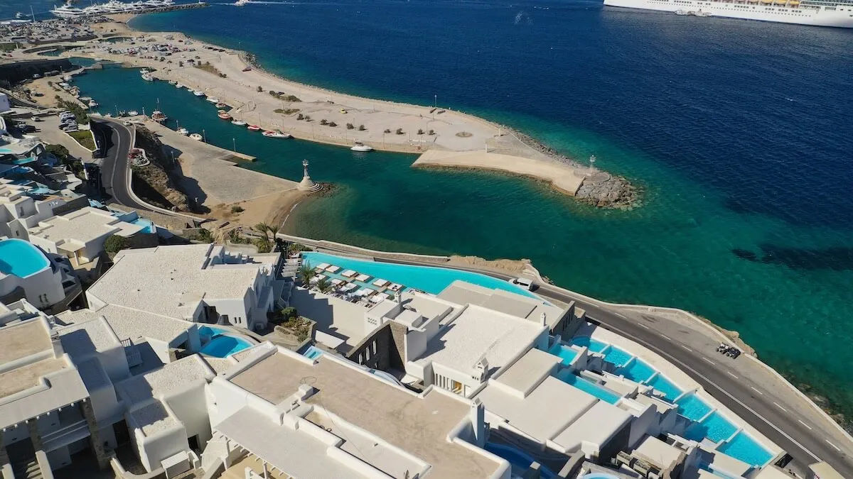 Aerial view of the new port in Mykonos