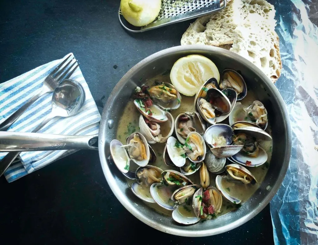 Freshly cooked mussels in a pot