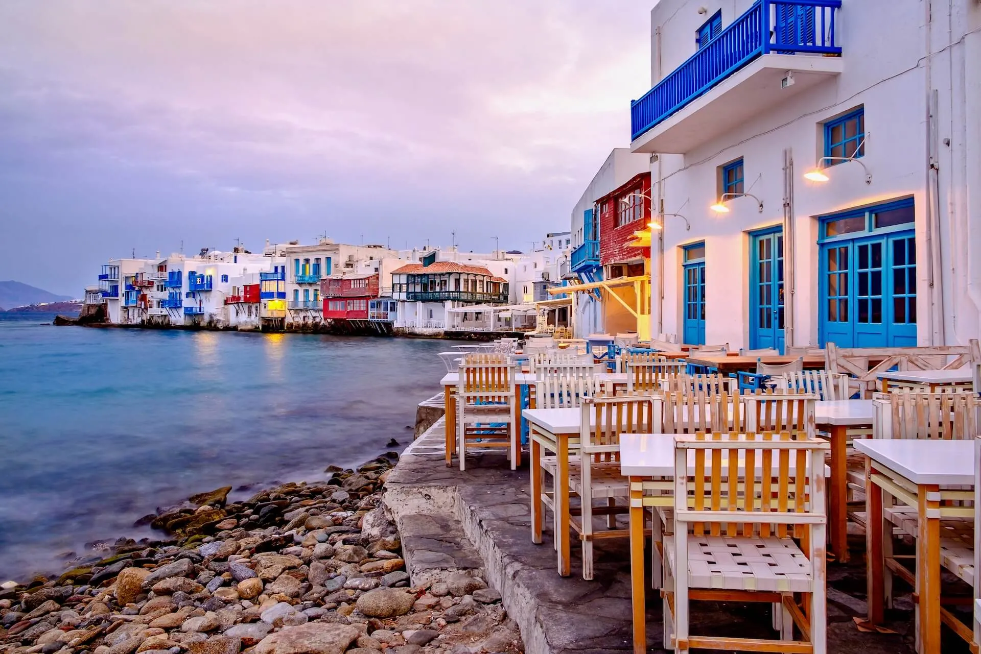 Tables in the restaurant in Little Venice in Mykonos town