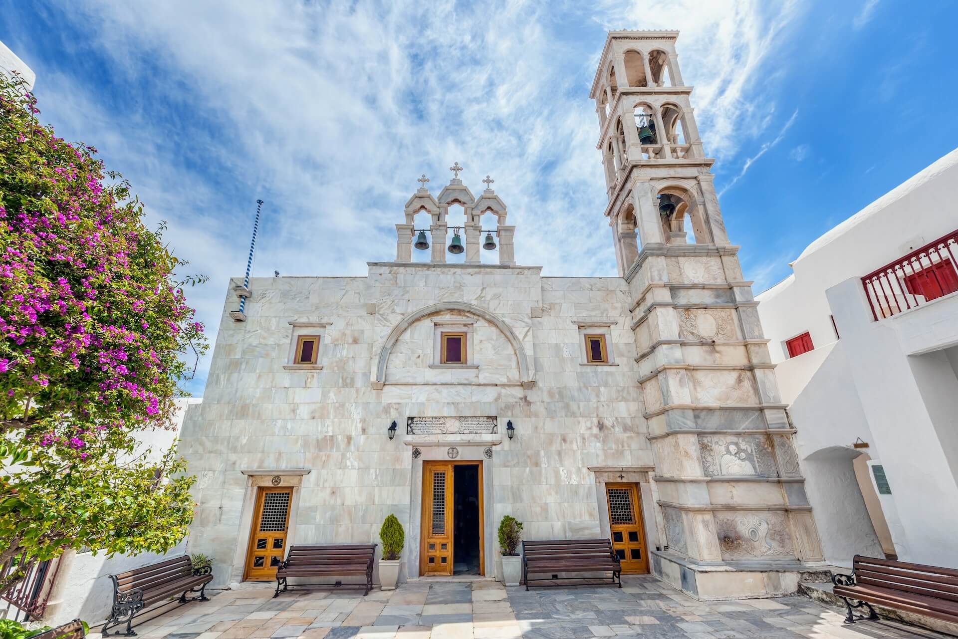 A front view of Panagia Tourliani in Ano Mera, Mykonos