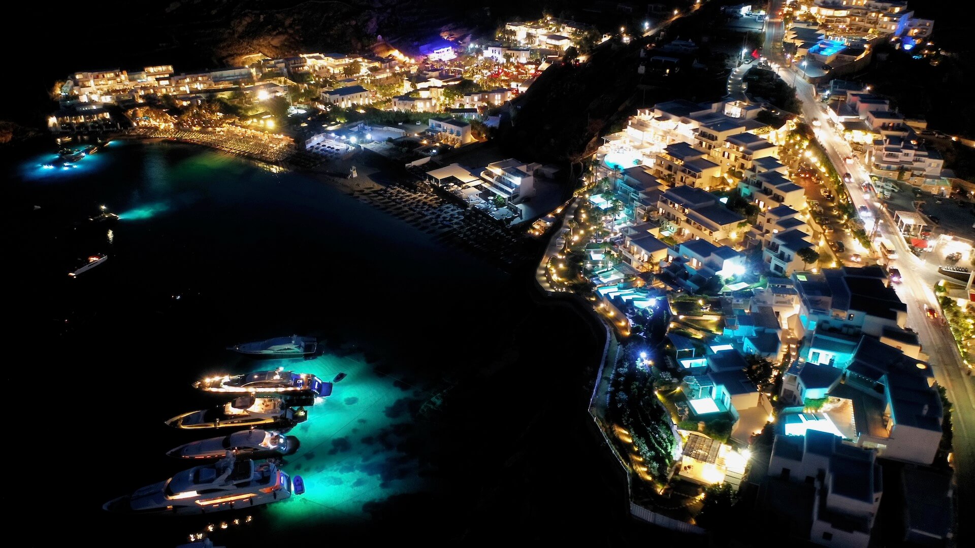 The coast of Mykonos at night, photographed from the air