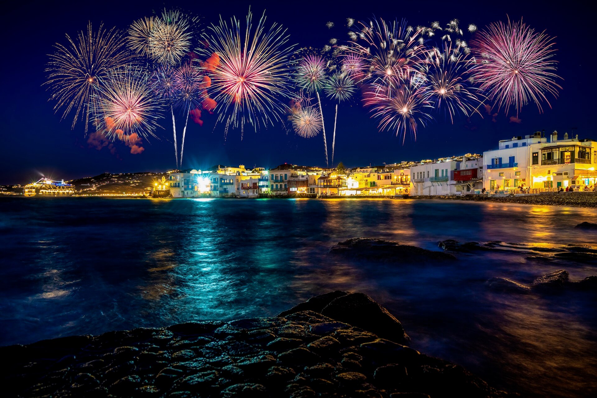 Fireworks over Mykonos at night 