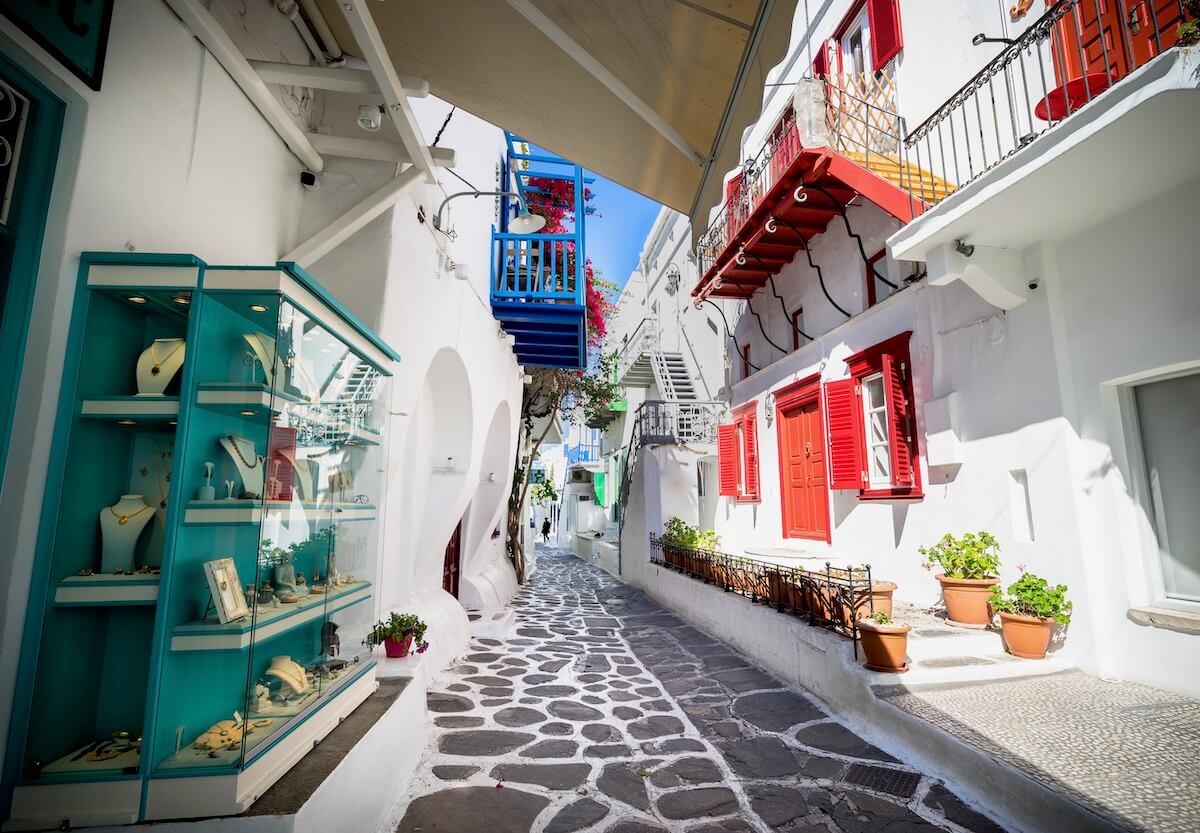 View of the narrow street in Mykonos town