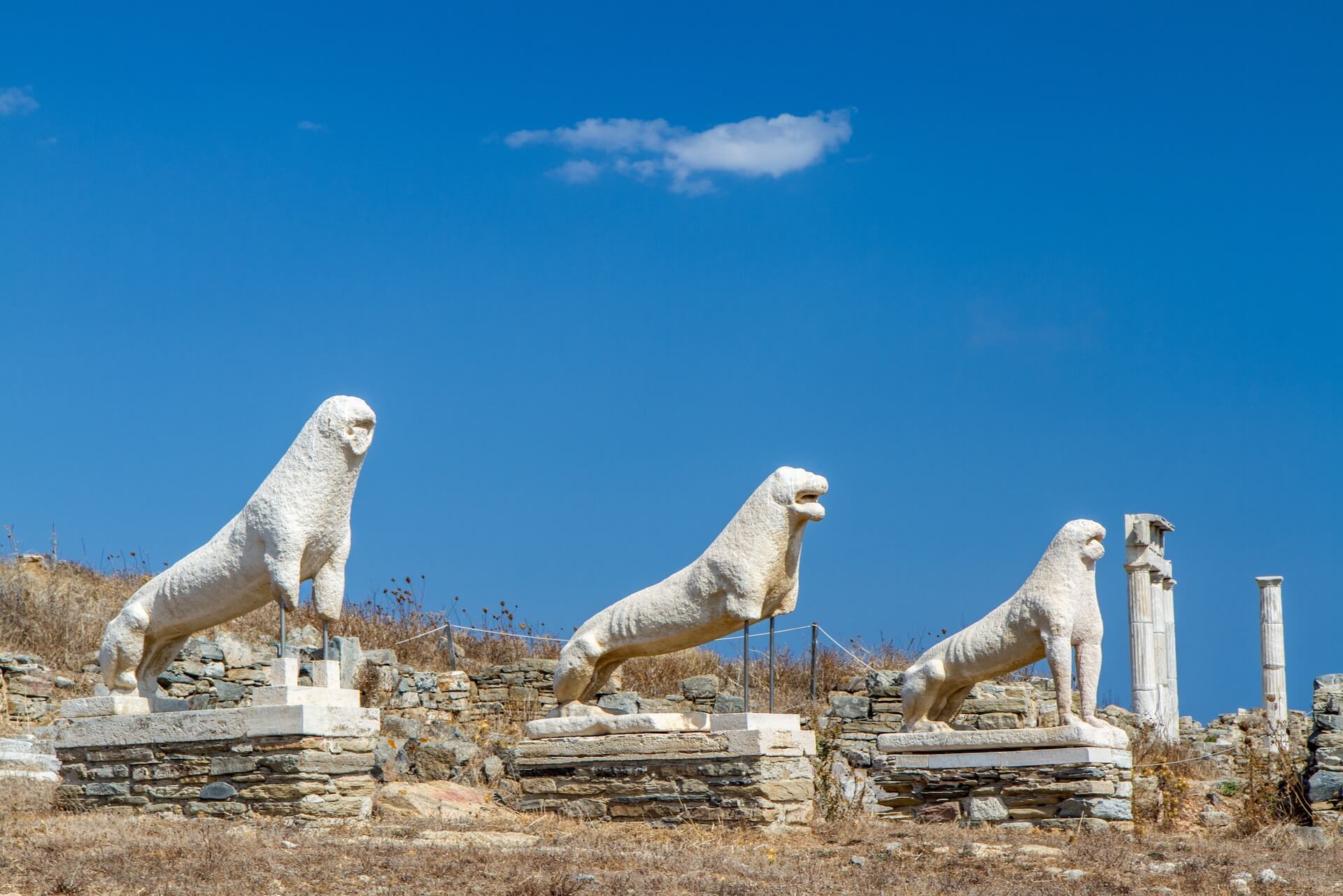 Three distressed lion statues made of stone standing next to each other