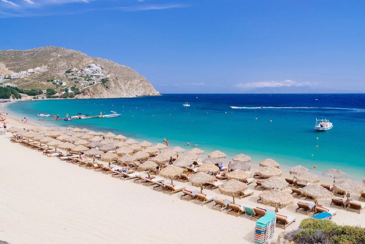 A beach with sunbeds on Mykonos