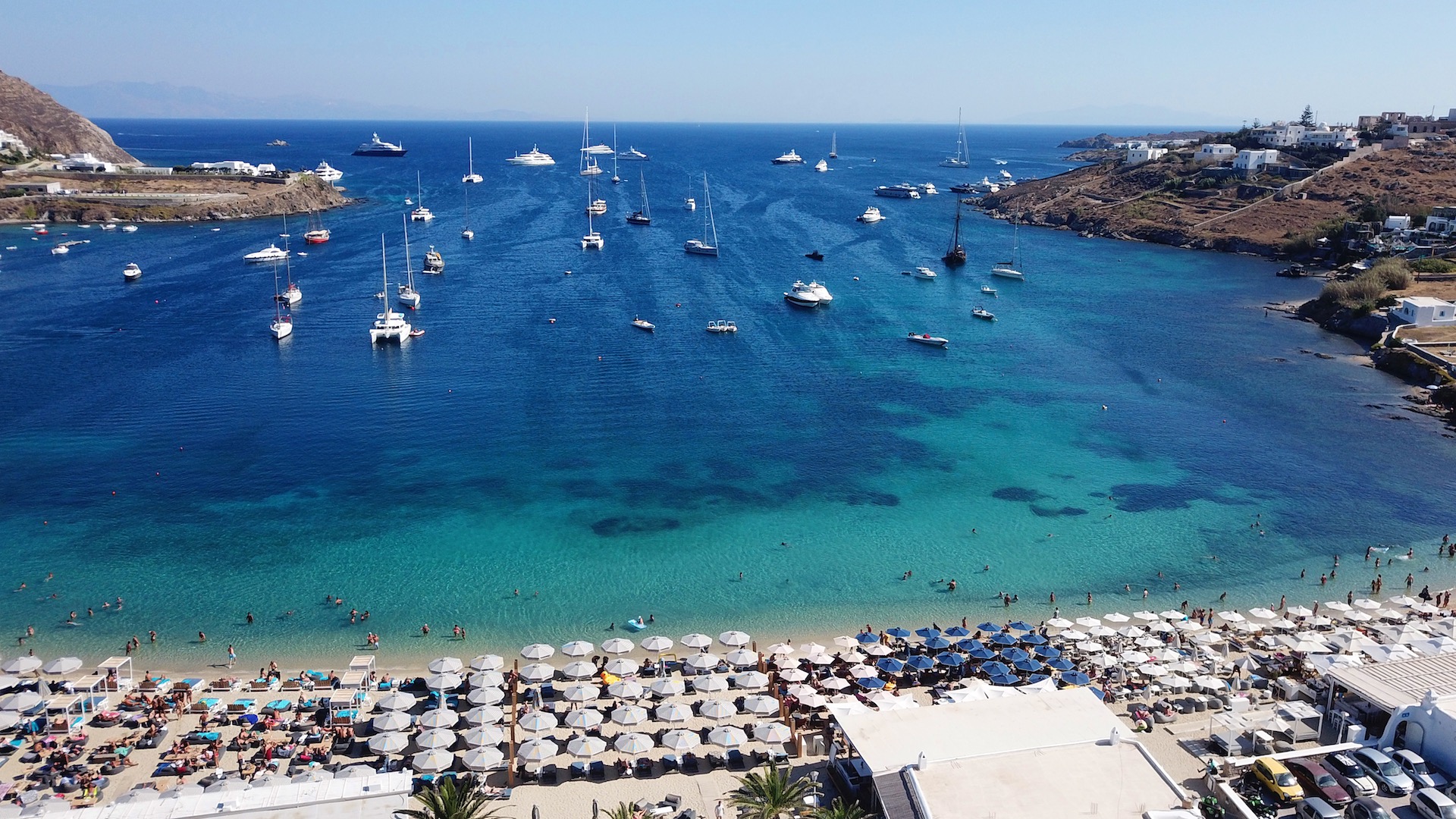 An aerial view of the boats on the coast of Mykonos 