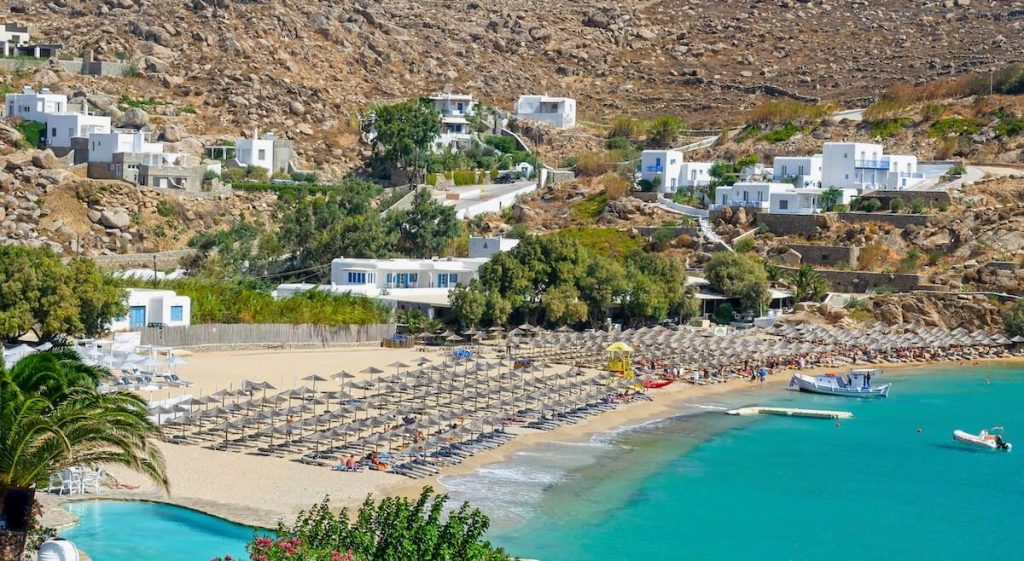 View of the Super Paradise Beach in Mykonos