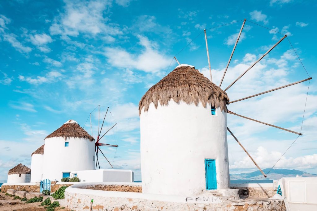Close view of the windmills in Mykonos
