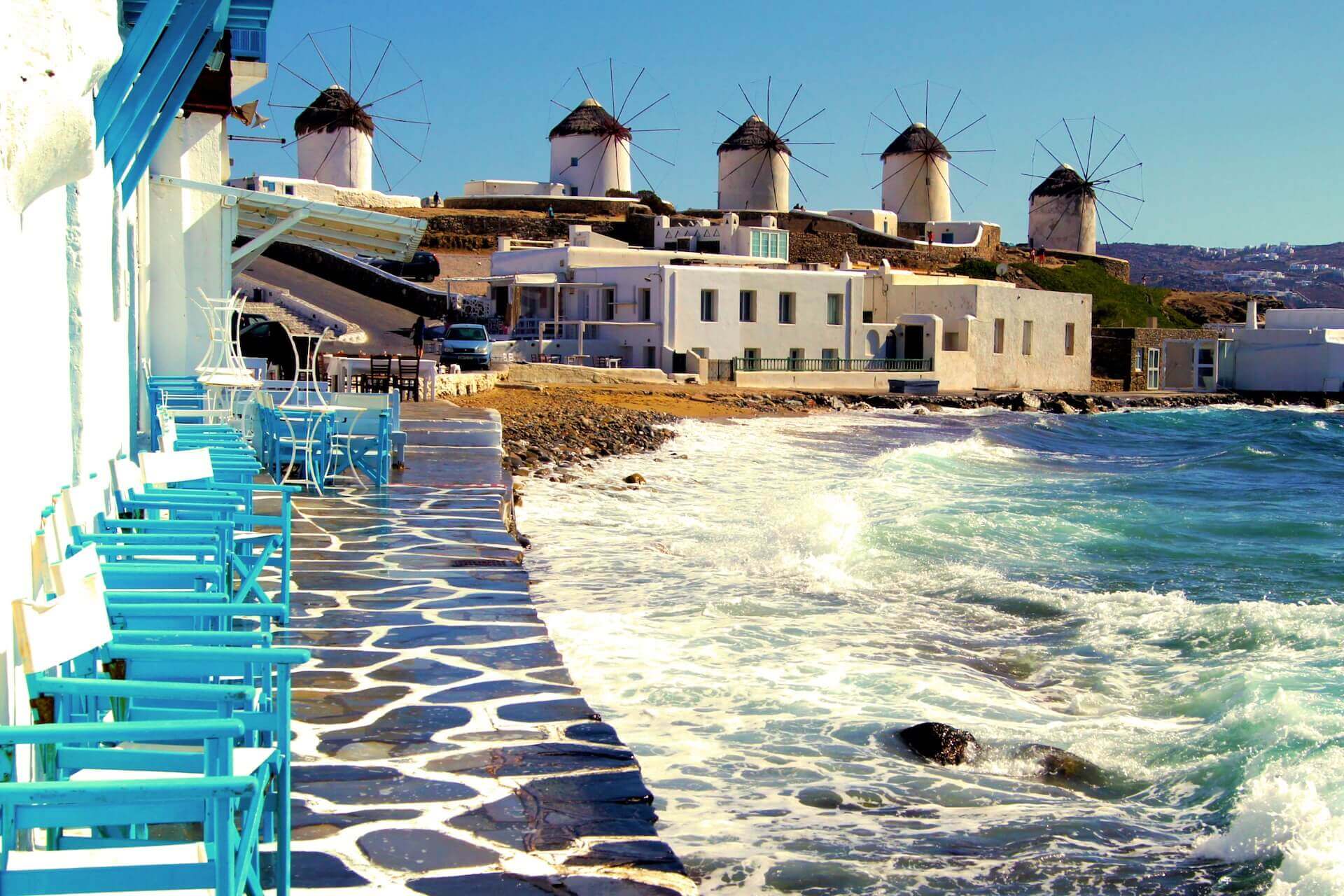 The view of Little Venice and windmills in Mykonos town