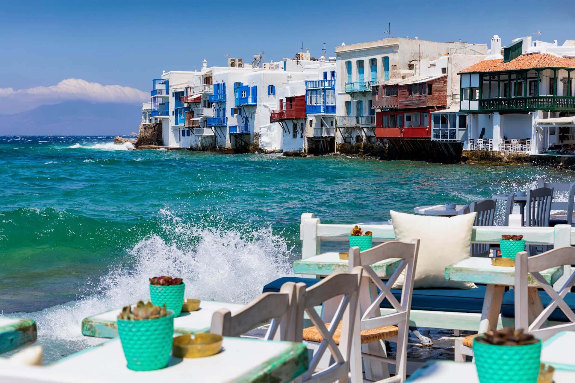 Waves on the coast of Little Venice in Mykonos