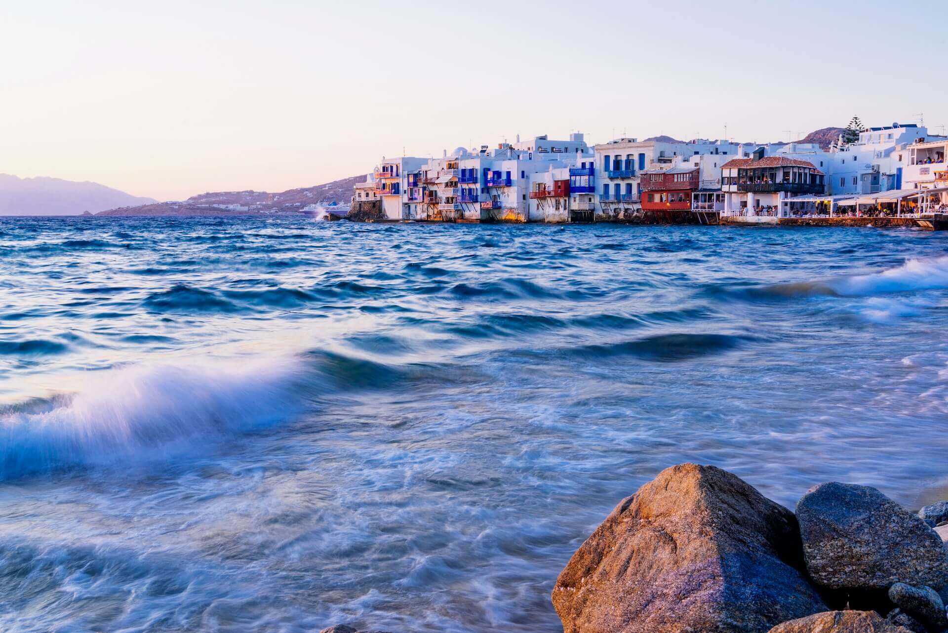 Waves on the coast of Little Venice in Mykonos