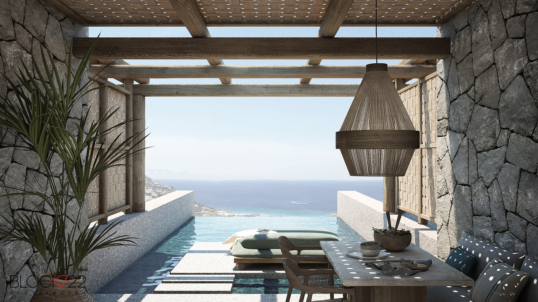 Outdoor area of one of the private villas in Mykonos
