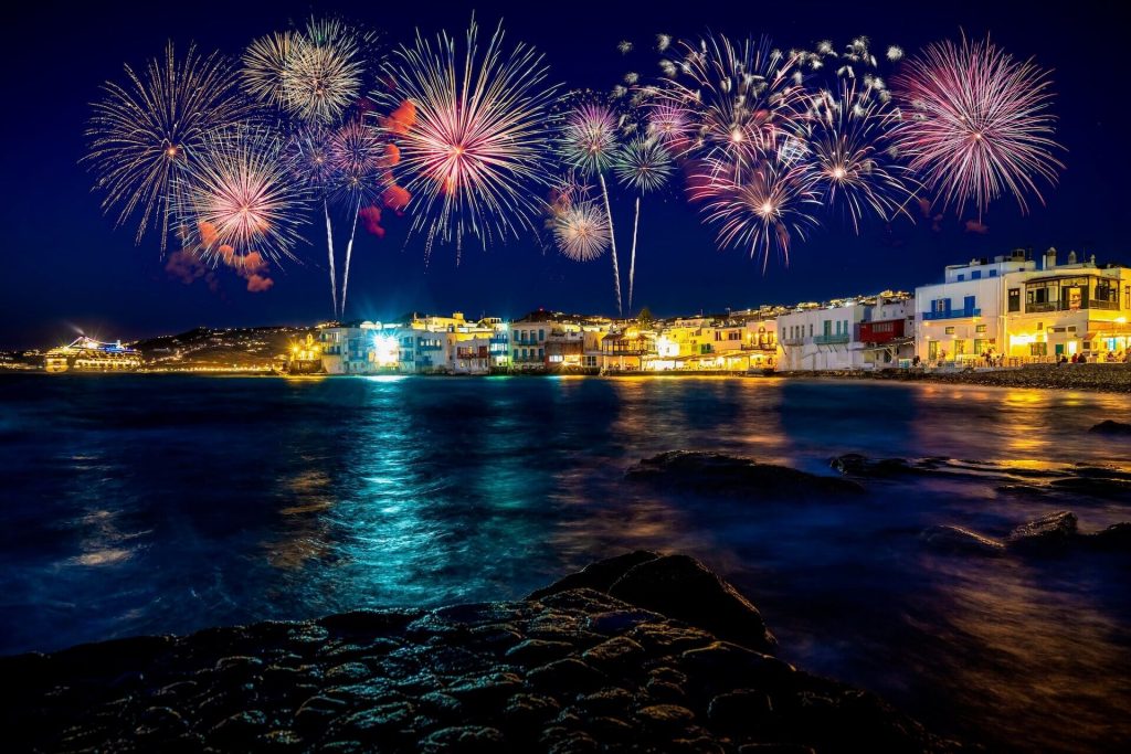 Fireworks on the coast of Mykonos at night