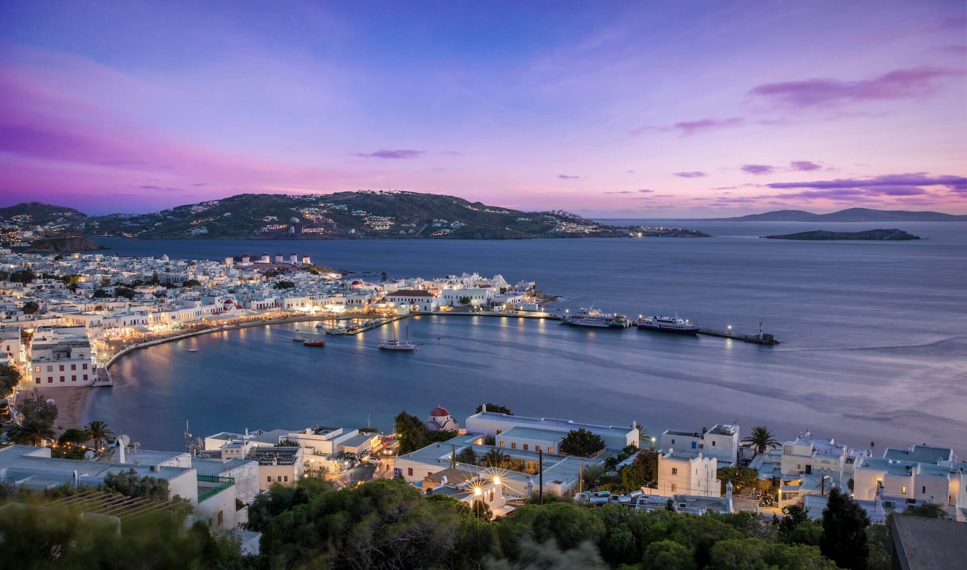 View of the old port in Mykonos town at sunset