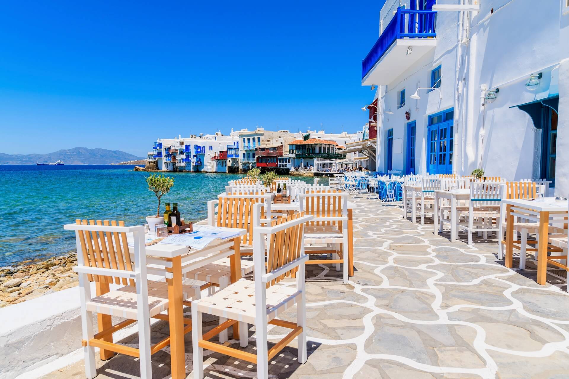 Tables on the coast of Little Venice, Mykonos