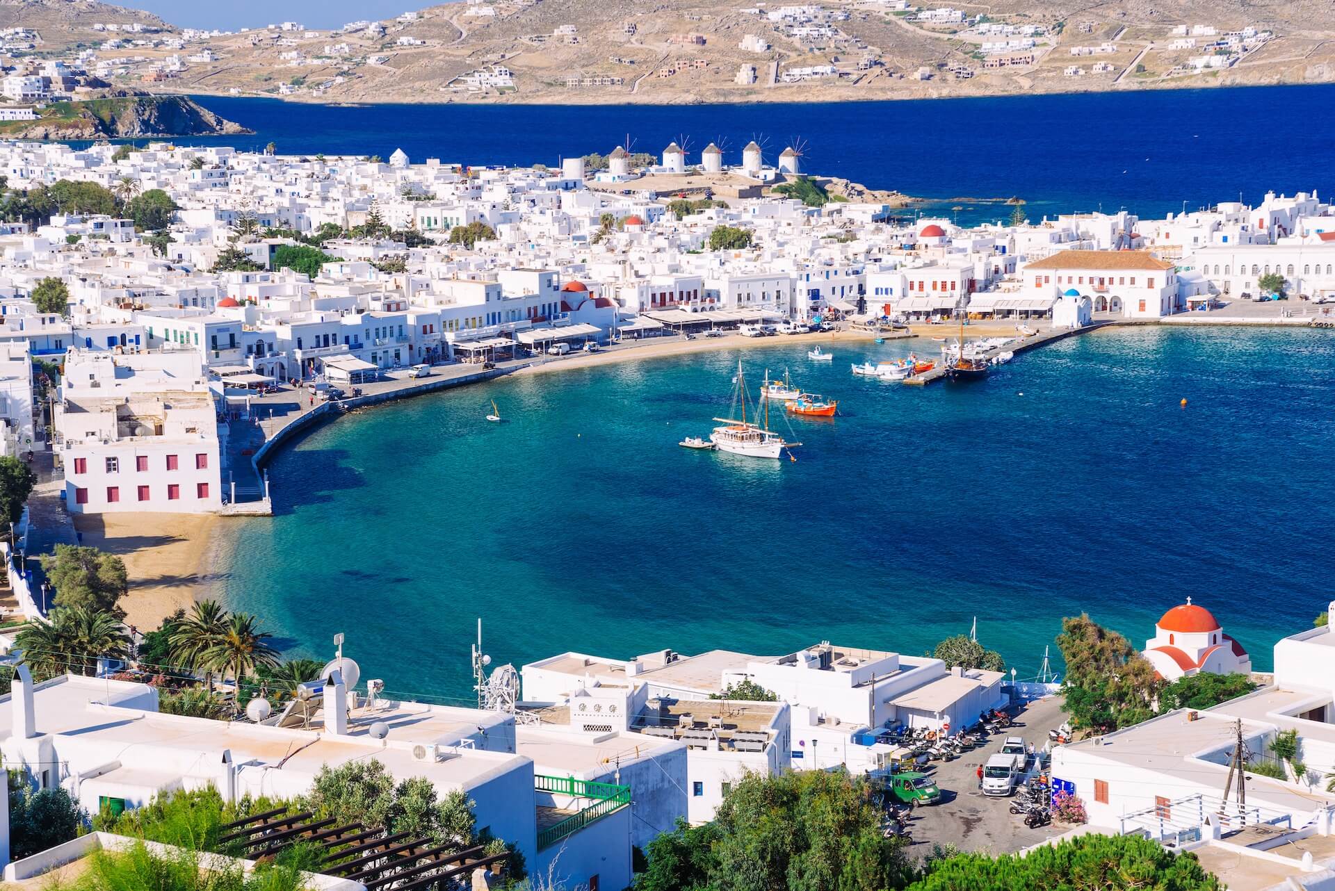 View of the old port in Mykonos town 