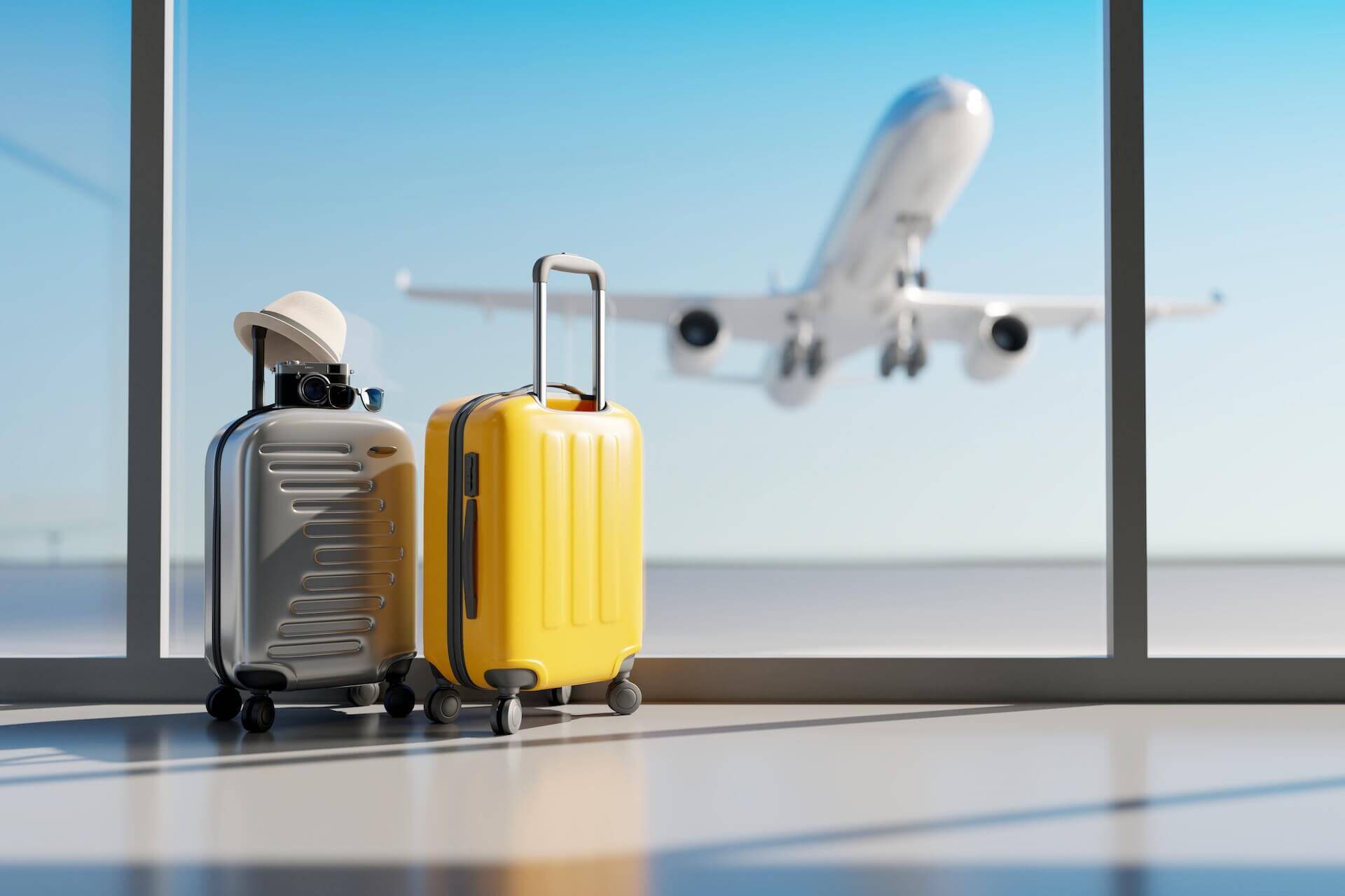 Two suitcases in front of an airport window and a plane in the distance