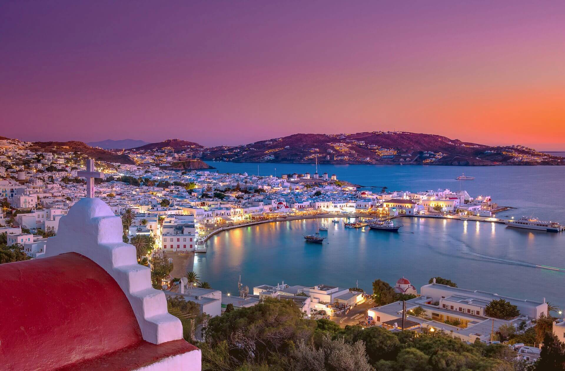 View of Mykonos from above at sunset