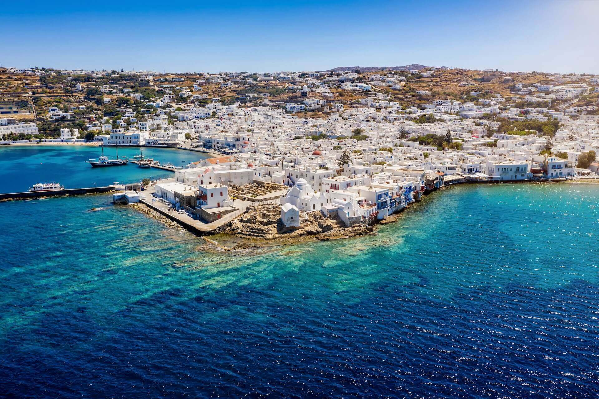 View of Mykonos town from the air from Rhenia