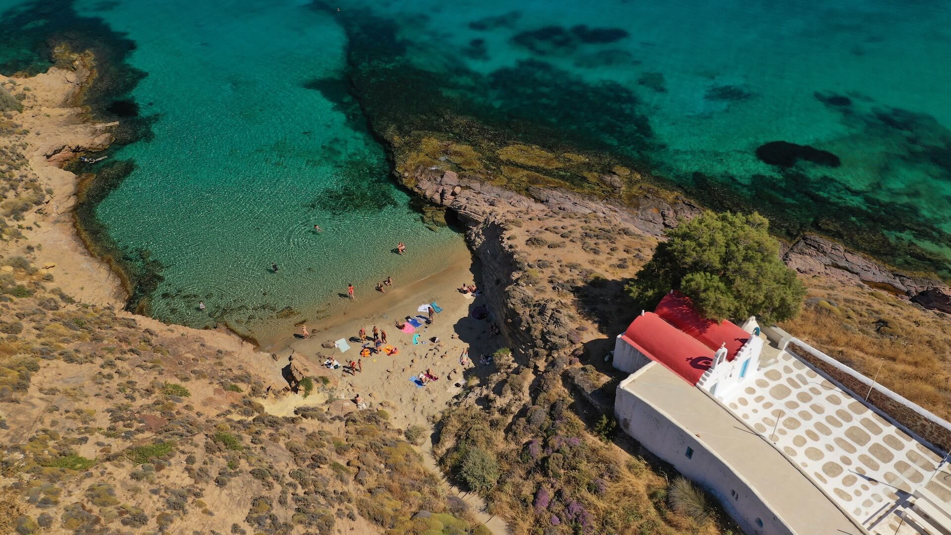 View of Agios Sostis in Mykonos from air 