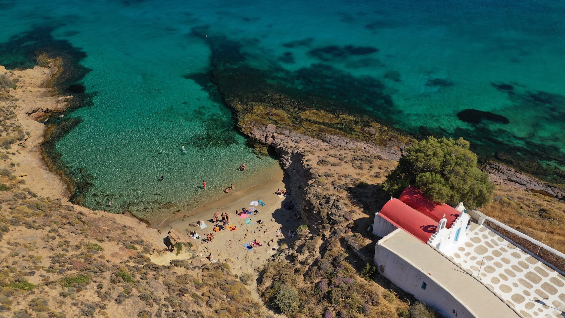 Aerial view of Agios Sostis beach in Mykonos 