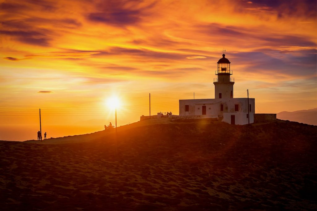 Armenistis Lighthouse in Mykonos at sunset