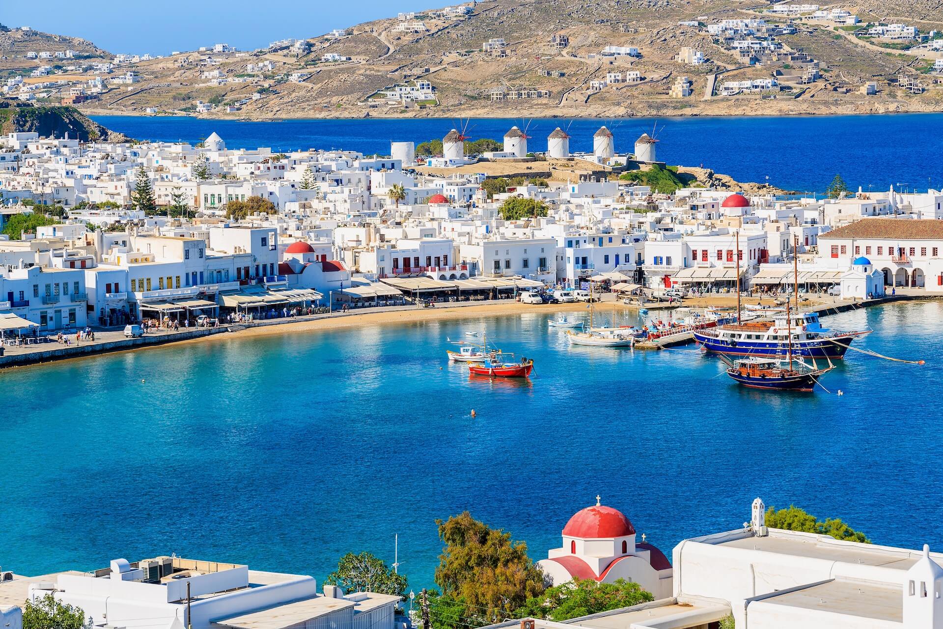 View of the old port in Mykonos town 