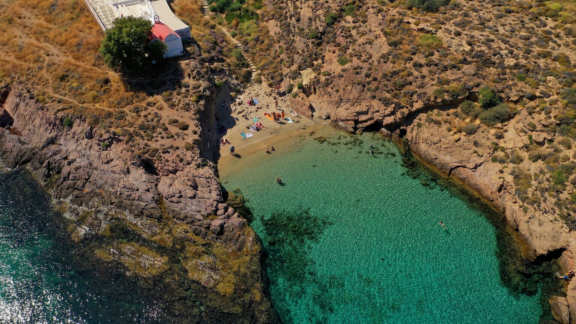 Aerial view of Agios Sostis beach in Mykonos 