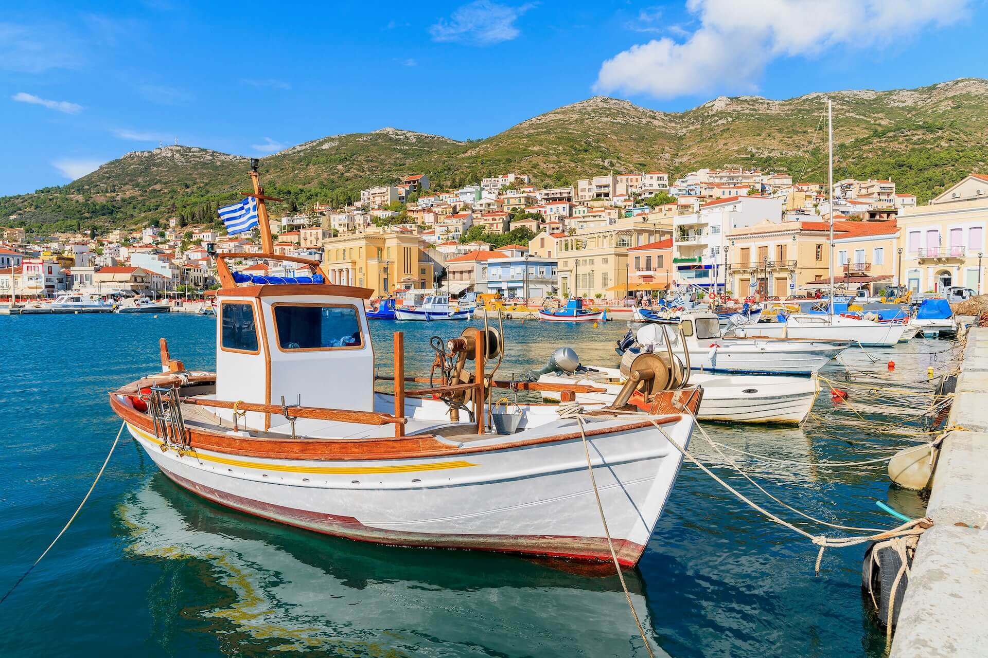 Boat in the water in the Vathy town