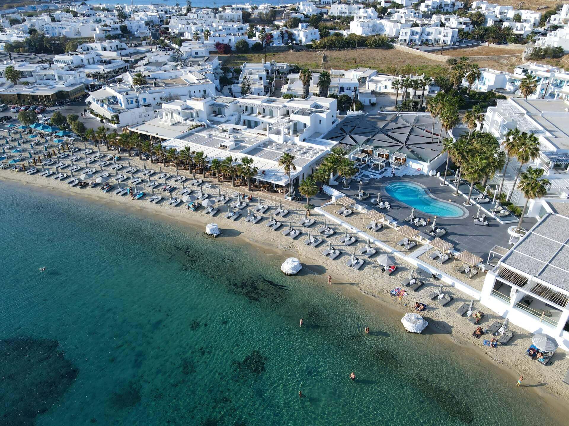 View of Ornos beach in Mykonos from air