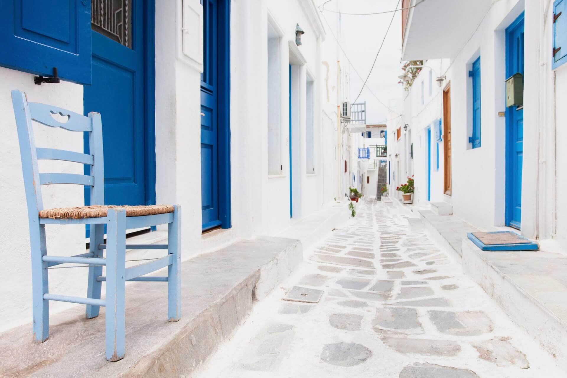 View of the narrow street in Mykonos town 