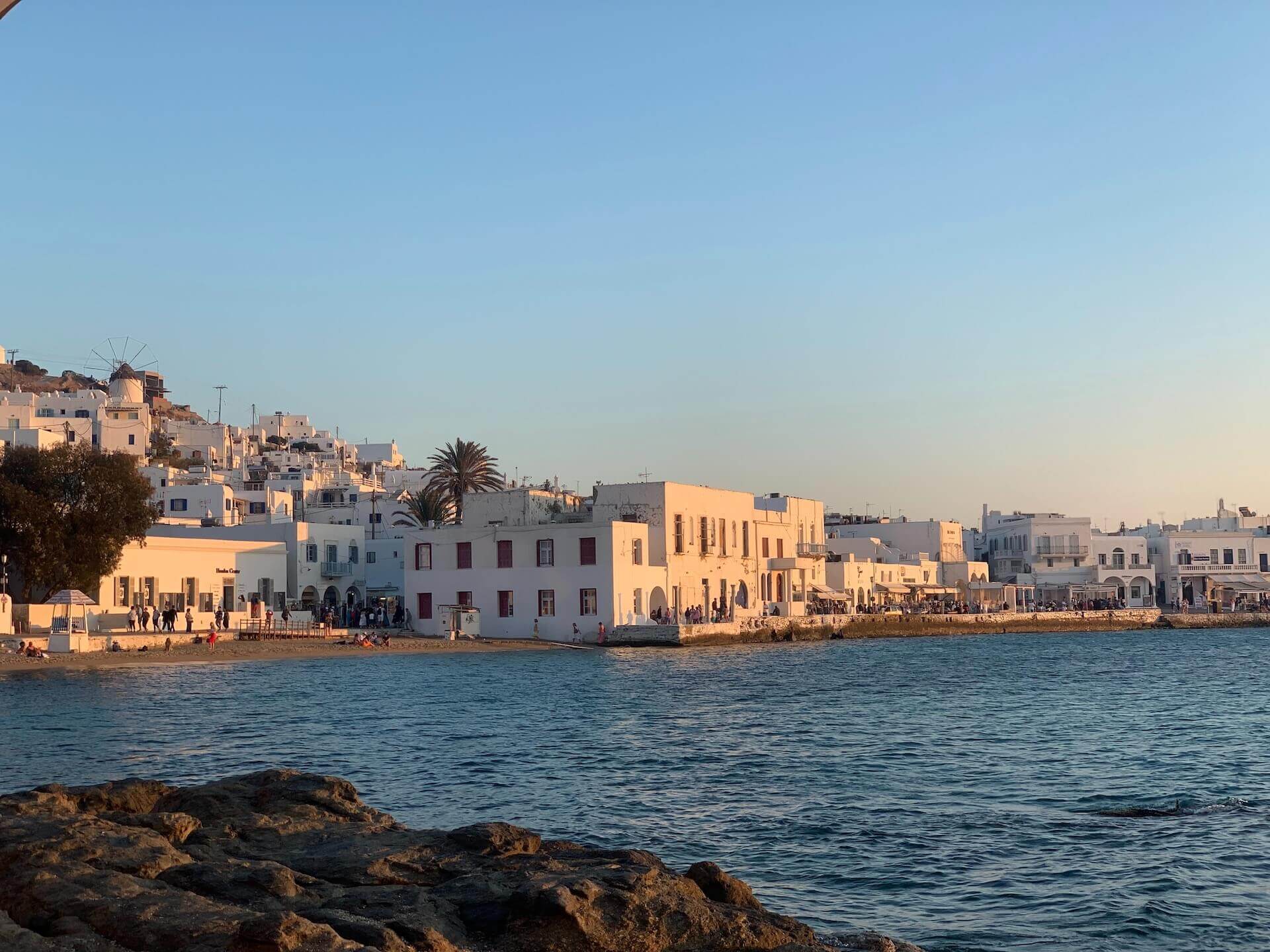 View of the white houses on the coast of Mykonos 