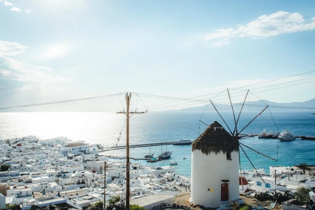 View of the windmill and the old port in Mykonos town