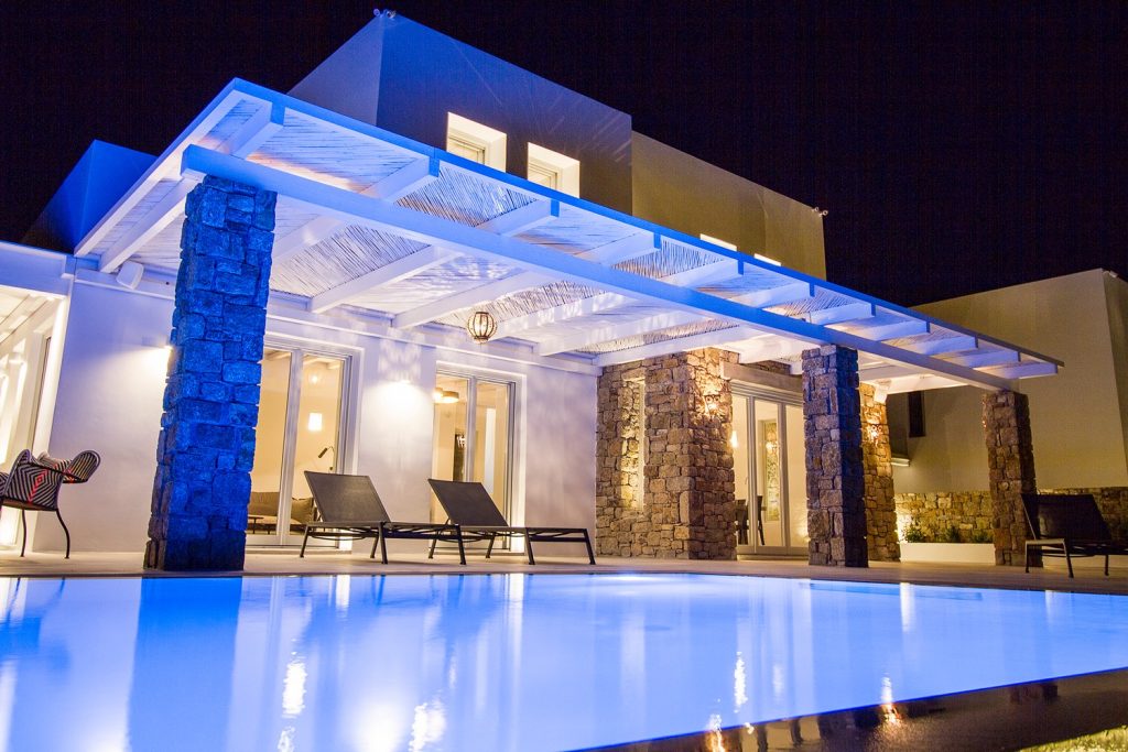 outside pool at night of the luxury Mykonos villa Cameron