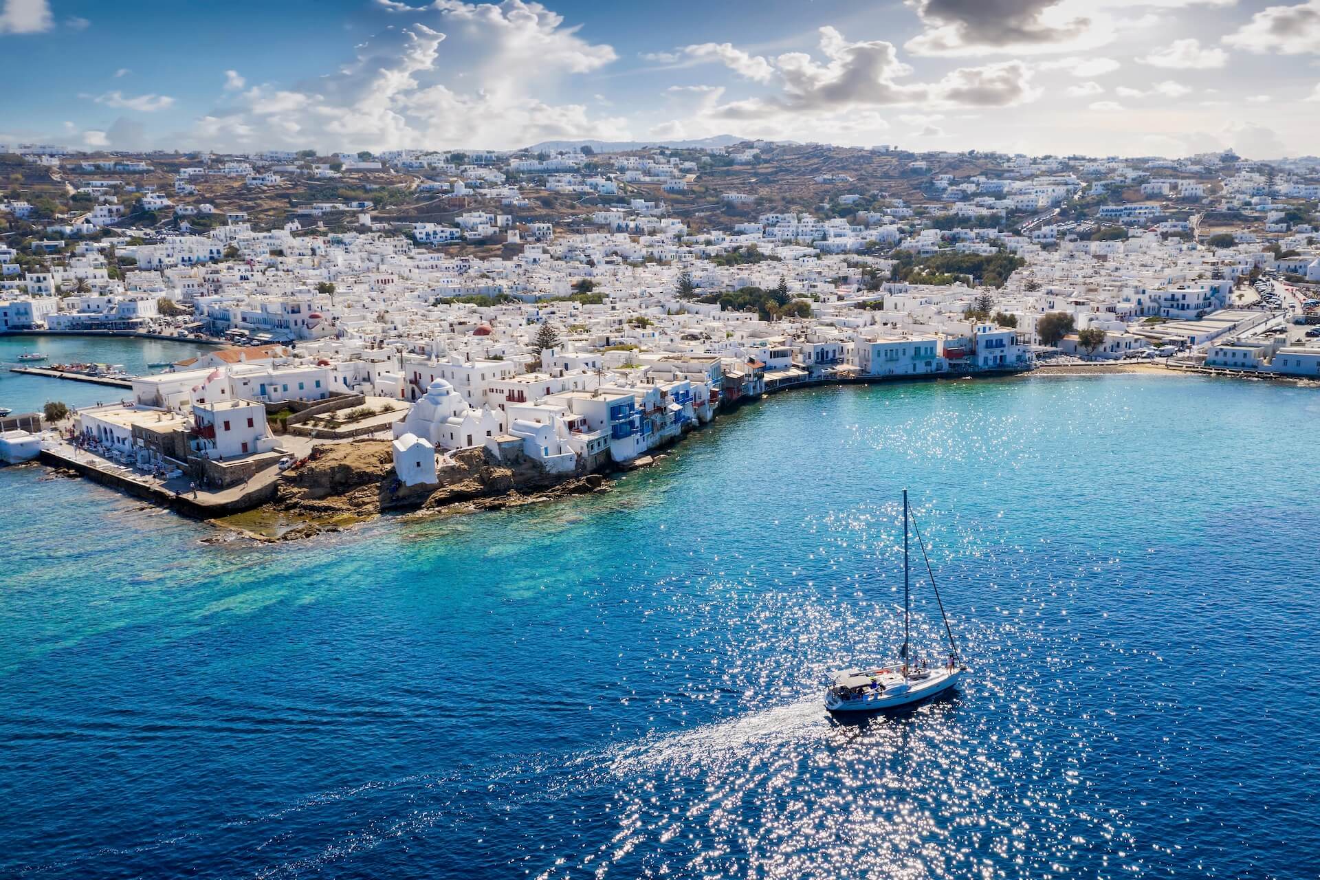 View of the yacht near the coast of Mykonos 