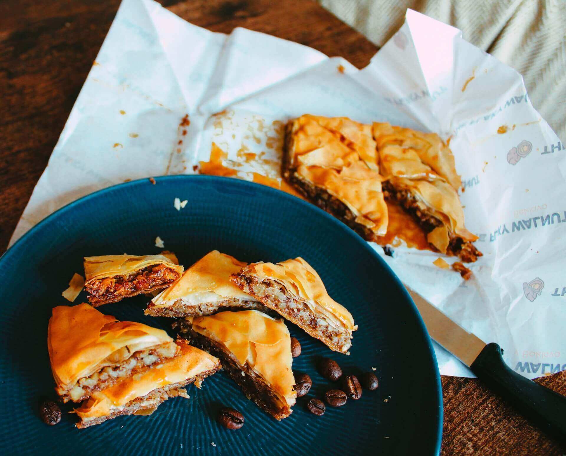 Sliced baklava triangles on a blue plate