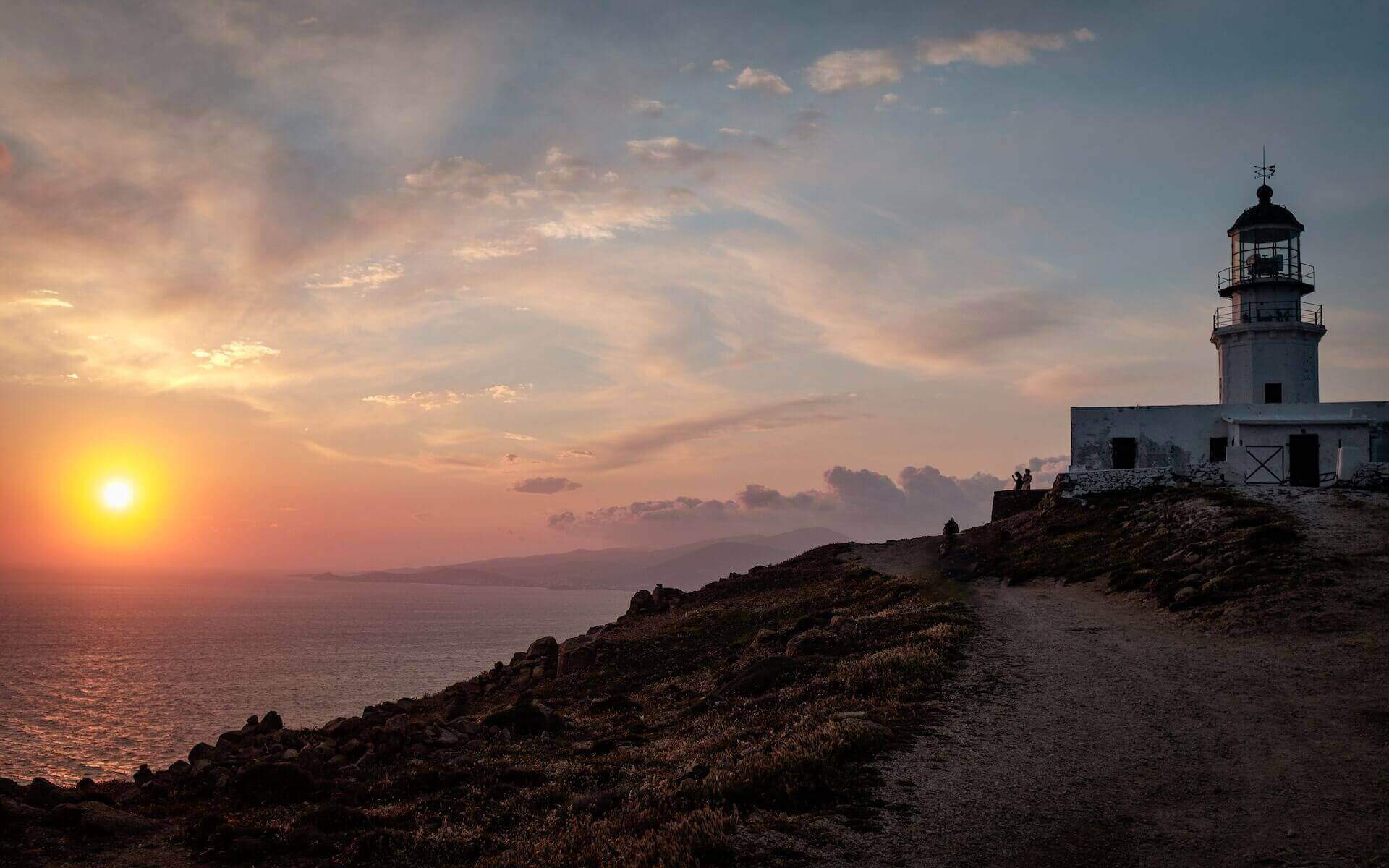 Armenistis Lighthouse in Mykonos at sunset