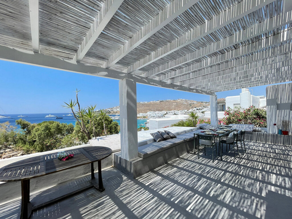Beautiful terrace with spectacular view in Mykonos lavish villa for rent.