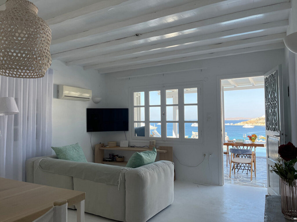 Comfortable Living Room with a beautiful sea view in Mykonos top rental house.