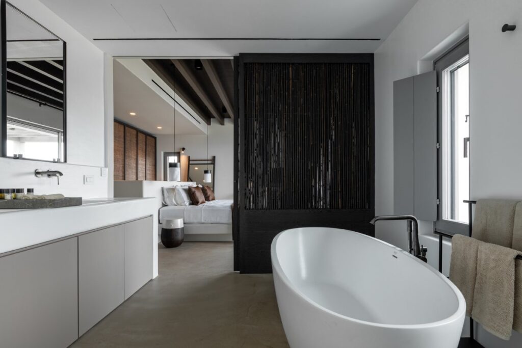 Spa-like atmosphere of the bathroom in modern Mykonos rental villa.