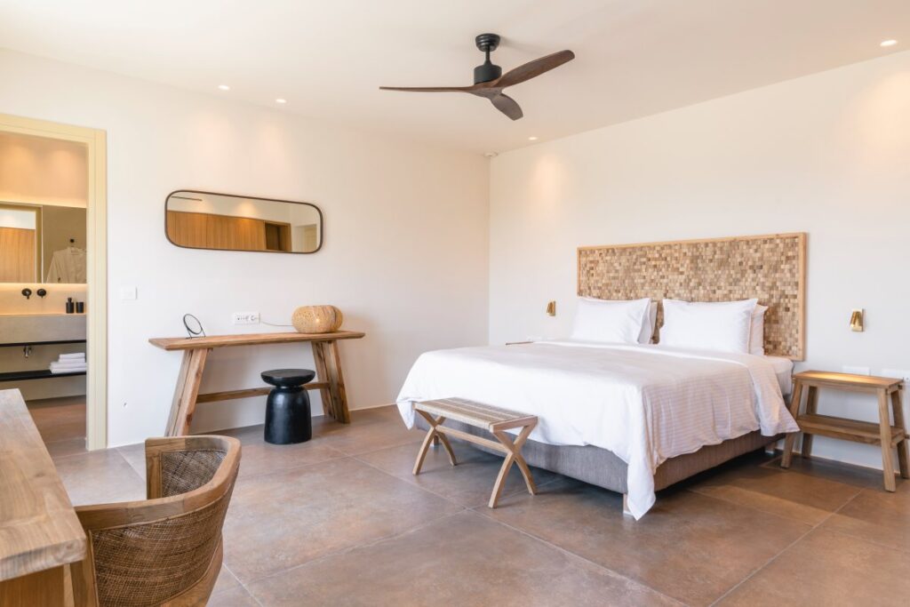 Spacious and comfortable bedroom in a luxurious private rental home in Mykonos.